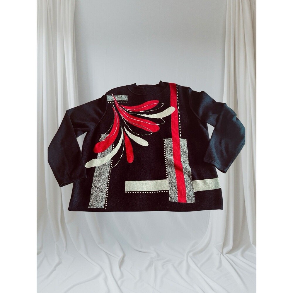 Alfred Dunner Knit Top Medium Black Red Silver Studs Long Sleeves Mick Neck